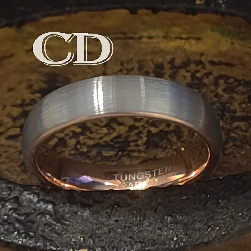 Men's Real Silver and Rose gold Tungsten Wedding Ring - Brushed Steel